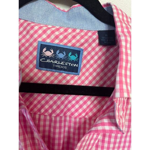 Charleston Threads Mens Button Up Top Short Sleeve Pink White Checked Size XL - Picture 4 of 5